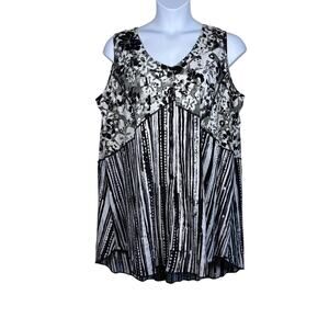 Winter Sun 2X Wm sleeveless blouse funky boho vacay green black floral w stripes
